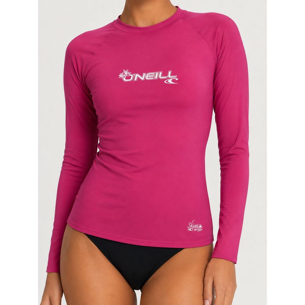 O'Neill Skins Women's S Pink Long Sleeve Rash Guard UPF 50+ Slim Fit Surf Swim